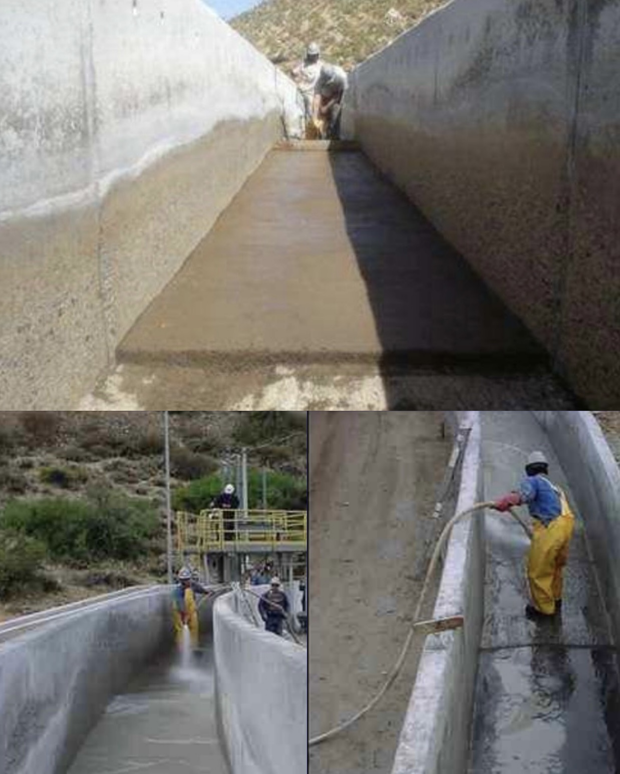 Compilación de imagenes de hombres limpiando y aplicando mantenimiento a un complejo industrial